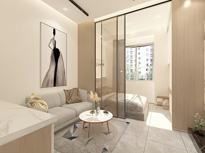 Modern Minimalist Apartment Interior With Sofa Round Table And Glass Partition 3d model