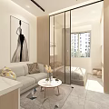 Modern Minimalist Apartment Interior With Sofa Round Table And Glass Partition 3d model