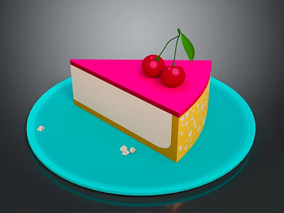 Delicious Pink Top Cake With Creamy Layer Yellow Dots And Cherries On Blue Plate 3d model