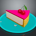 Delicious Pink Top Cake With Creamy Layer Yellow Dots And Cherries On Blue Plate