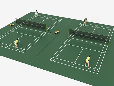 People Playing Tennis On Two Courts For Fitness Activity 3d model