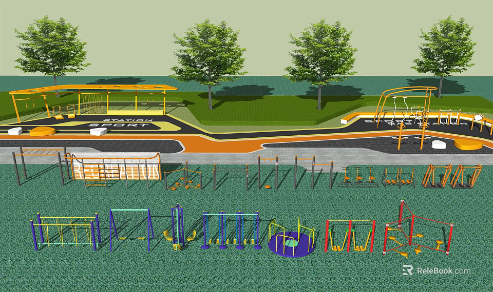 Outdoor Playground Sports Equipment For Kids With Swings Climbing Frames Slides And Green Grass Area 3d model 