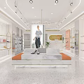 Fashion Boutique Interior With Marble Walls Gold Shelves Orange Seating And Clothing