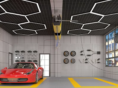 4S Shop Repair Service Area With Red Sports Car Hexagonal Ceiling Tool Pegboard And Tires 3d model