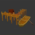 Wooden Boat 3D Model Design With Wooden Dock Red Seat And Oar