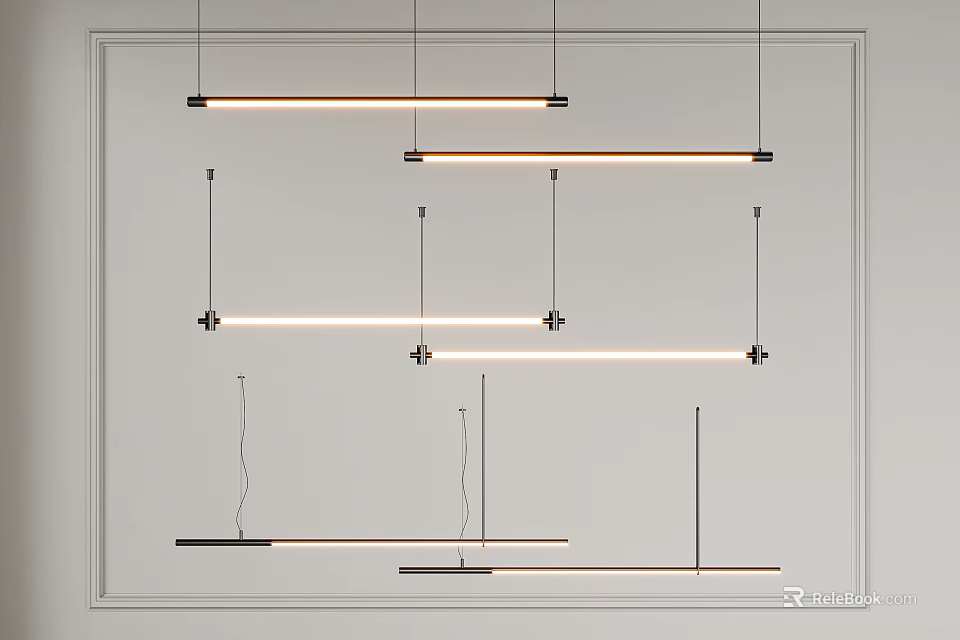 Modern Linear Pendant Lights with Sleek Metal Frame and LED Lighting for Minimalist Interiors 3d model 