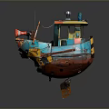 Vintage Rustic Boat With Blue Red Yellow Colors Horn And Cabin