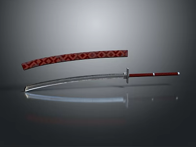 Traditional Japanese Katana With Curved Blade Red Handle And Diamond Patterned Scabbard 3d model