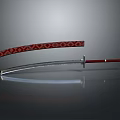 Traditional Japanese Katana With Curved Blade Red Handle And Diamond Patterned Scabbard