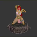 Woman With Blue Hair In White Bikini Kneeling On Carved Stone Platform As
