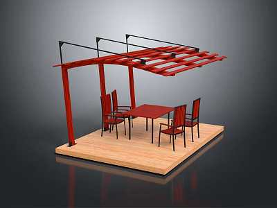 Red Pergola Outdoor Dining Area with Table Four Chairs and Wooden Deck 3d model