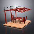 Red Pergola Outdoor Dining Area with Table Four Chairs and Wooden Deck