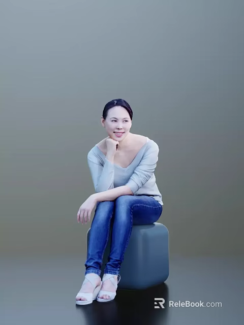 Woman Sitting on Gray Stool in Gray Top and Blue Jeans with Hand on Chin 3d model