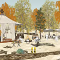 Scenic Campsite With White Tent Autumn Trees Tables Chairs And Sandy Ground