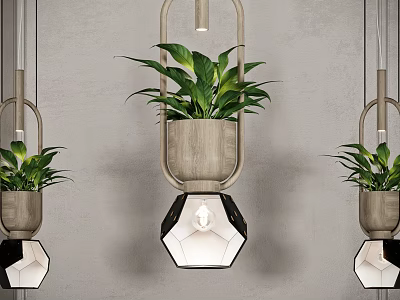 Modern Wooden Frame Chandelier With Geometric Glass Shade And Potted Plants On Gray Wall 3d model