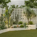 Lush Cacti and Succulents in White Lattice Fence with Planter Boxes on Grass Lawn