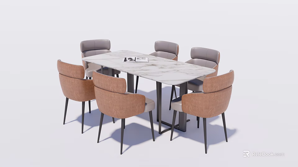 Modern Dining Table Set With Marble Top And Six Brown Fabric Chairs 3d model