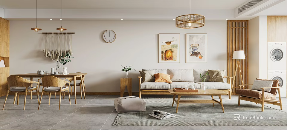 Modern Living Dining Room Interior Design With Sofa Coffee Table Decorative Paintings And Dining Chairs 3d model 
