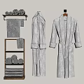 Folded and Rolled Towels on Display Shelf with Hanging Bathrobes 3d model