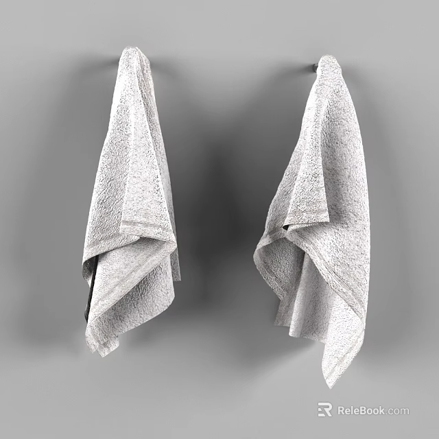 Bathroom Towel Hooks Holding Soft Gray Cotton Towels On Wall 3d model 