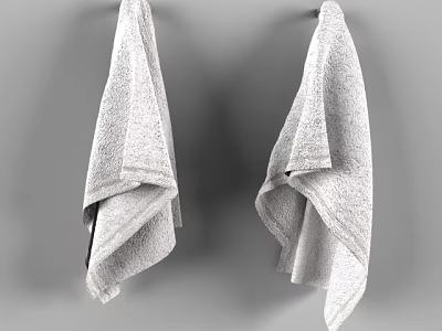 Bathroom Towel Hooks Holding Soft Gray Cotton Towels On Wall 3d model