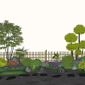 Lush Shrubs in Garden with Surrounding Trees Wooden Fence Stones on Sand and Colorful Flowers