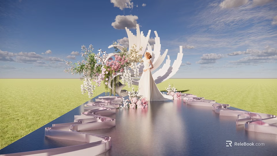 Bride In White Wedding Dress On Decorated Platform With Pink White Flowers And Reflective Ground 3d model 