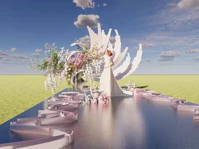 Bride In White Wedding Dress On Decorated Platform With Pink White Flowers And Reflective Ground 3d model