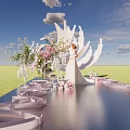 Bride In White Wedding Dress On Decorated Platform With Pink White Flowers And Reflective Ground
