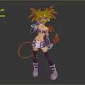 Game Anime Character With Red Spiky Hair Purple Costume Demon Horns And Red Tail