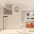 Modern Apartment Interior With Open Layout Wooden Cabinets White Tiled Walls Pendant Lamp And Plants