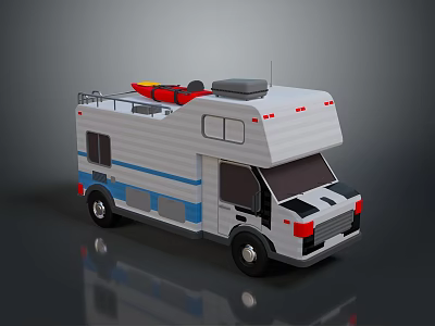 White and Blue RV With Red Kayak on Roof Rack Modern Design Windows 3d model