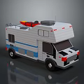 White and Blue RV With Red Kayak on Roof Rack Modern Design Windows