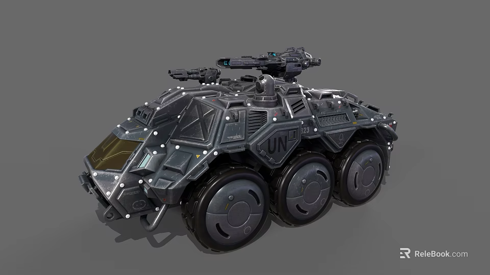 Tactical Armored Vehicle With UN Logo Multiple Wheels And Top Mounted Weapon 3d model 
