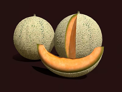 Fresh Cantaloupe Fruits Whole and Sliced with Orange Flesh and Netted Skin 3d model