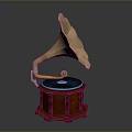 Vintage Gramophone Design With Brass Horn Wooden Base Round Turntable And Black Disc