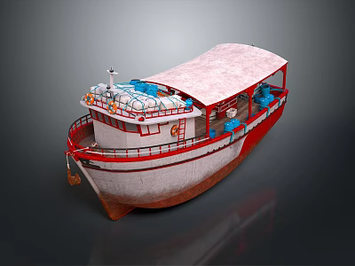 Red And White Boat With Pink Roof Railings Lifebuoys And Cabin Structure 3d model