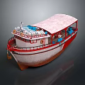 Red And White Boat With Pink Roof Railings Lifebuoys And Cabin Structure