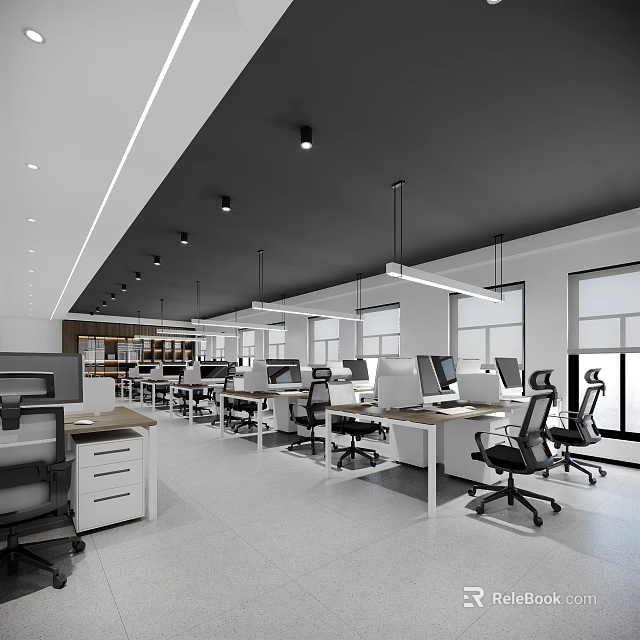 Modern Public Office Interior With Workstations Ergonomic Chairs And Natural Lighting 3d model 
