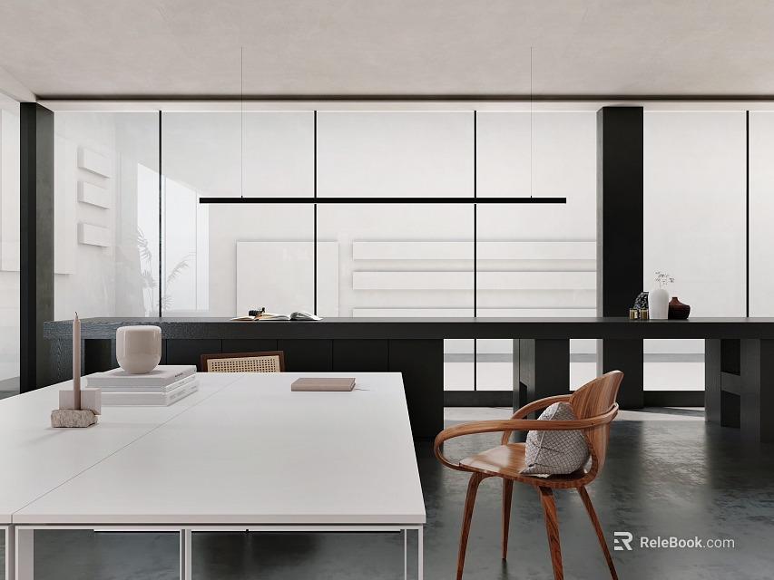 Modern Open Concept Pantry Interior With White Countertop Wooden Chair And Pendant Lights 3d model 