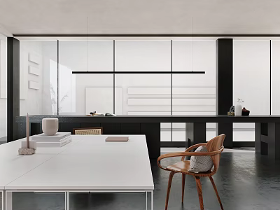Modern Open Concept Pantry Interior With White Countertop Wooden Chair And Pendant Lights 3d model