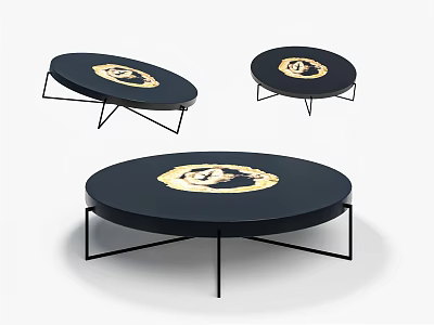 Modern Round Coffee Tables with Black Tabletop and Gold Pattern on Metal Legs 3d model
