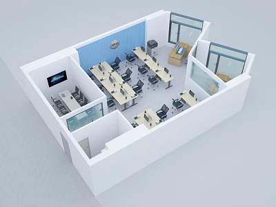 Modern Office Interior Layout With Multiple Workstations Desks Chairs Computer Monitors And Partitions 3d model