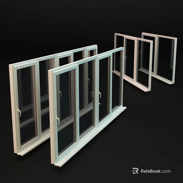 White Multiple Casement Windows With Transparent Glass Display On Black Background 3d model 