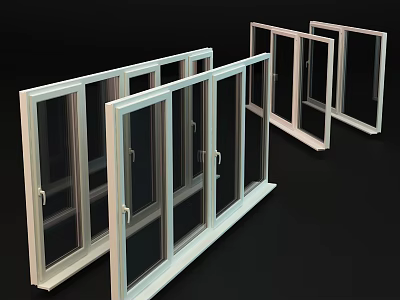 White Multiple Casement Windows With Transparent Glass Display On Black Background 3d model