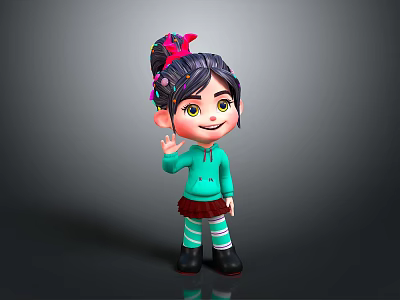 Game Movie Character With Purple Hair Pink Accessories Teal Hoodie And Smiling Waving Pose 3d model