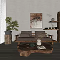 Gray Sectional Sofa In Living Room With Wooden Coffee Table Painting And Green Plant