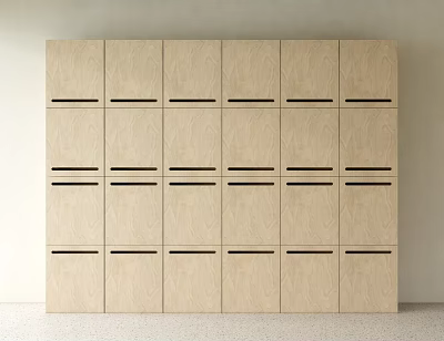 Light Colored Wooden Display Shelves With Neatly Arranged Multiple Doors And Black Line Decorations 3d model