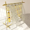 Traditional Paper Lanterns Hanging On Bamboo Frame With Calligraphy Scrolls And Sunlight Shadows