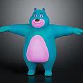 Friendly Cartoon Bear Character With Blue Body Pink Belly Purple Ears And Open Arms